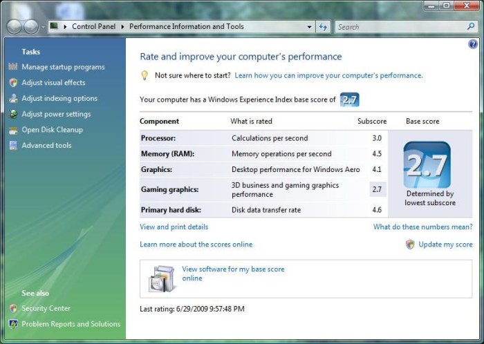 Windows Expirence Index on HP Mini in Vista